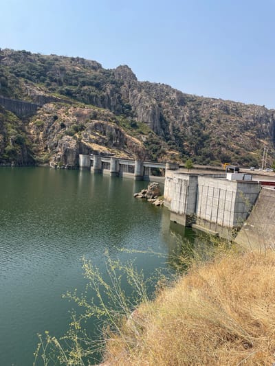 This image depicts the Miranda do Douro Dam and its reservoir in Miranda do Douro, Portugal, under a clear, bright blue sky. The scene is dominated by a large concrete dam stretching across the frame, with multiple arch-like or rectangular spillway structures visible above the dark green water of the reservoir. A paved road runs across the top of the dam, showing several light-colored vehicles (primarily white cars or vans) traveling from left to right. A small, white, flat-roofed building or booth is situated on the dam's surface near the road, with a yellow piece of machinery partially visible behind it. The reservoir's surface displays minor ripples. To the left and in the background, steep, rugged mountainsides rise sharply from the water, characterized by exposed grey rock faces interspersed with areas of sparse, scrubby green vegetation. The immediate foreground consists of dry, parched, golden-brown grass and some lighter green, spindly plant growth. No individuals are visibly present.