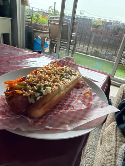 In Des Plaines, United States, a close-up shot focuses on a loaded hot dog served on a red and white checkered paper liner, resting on a white plate. The hot dog is generously topped with shredded carrots, what appears to be relish, fried onions, and a creamy sauce, possibly mayonnaise or a similar dressing. The bun is soft and golden brown, encasing a substantial sausage. The plate is positioned on a table covered with a red and white patterned tablecloth. In the background, a large window overlooks an outdoor area with a patch of artificial turf, a fence, and some potted plants. The ambient lighting suggests it may be daytime, with natural light streaming in from the window. No individuals are visible in the frame.