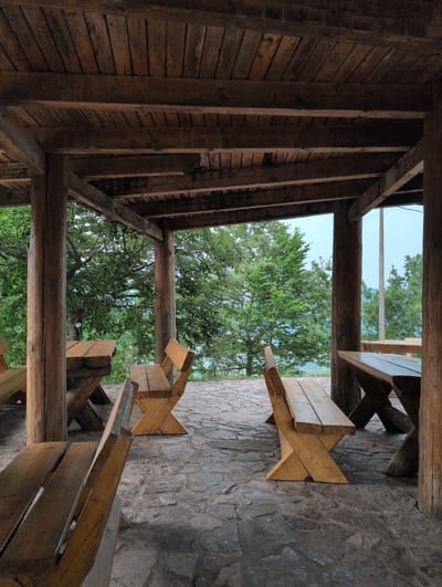 This is a photograph taken from inside a rustic wooden structure, possibly a gazebo or a porch. The viewpoint is looking upwards and outwards, framing the sky and trees through the wooden beams and roof structure. The interior walls are made of horizontal wooden planks, showing a weathered and aged texture. Several thick wooden beams form the ceiling and support structure, some appearing rough-hewn.
Through the openings, lush green trees are visible against a clear, pale blue sky. The outdoor scene suggests a natural, possibly wooded setting. On the right side of the image, within the structure, there are wooden benches and what appears to be a table. These are also made of natural wood and have a simple, sturdy design. The ground appears to be paved with large, irregular stones.
The lighting suggests it is daytime, likely bright as indicated by the clear sky and the illumination of the scene. There are no people visible in the image, nor is there any text. The overall impression is one of a simple, outdoor gathering space, designed to blend with its natural surroundings. The weathered wood and stone suggest a location that is perhaps in a rural or historical setting.