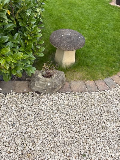 The image presents a close-up, ground-level view of a section of a garden or landscaping area. The scene is divided into distinct zones. On the left is a patch of green grass, bordered by a line of rectangular stone bricks. A stone mushroom sculpture, with a dark gray cap and a light gray stem, sits on the grass. Near the stone bricks, there's a natural stone planter containing a small, dried-up shrub. To the bottom-left, a dense green bush is visible. On the right of the stone bricks, an expanse of white gravel covers the ground. The overall scene conveys a neat, well-maintained outdoor space. Location details are not discernible to confirm it is Longden, United Kingdom.
