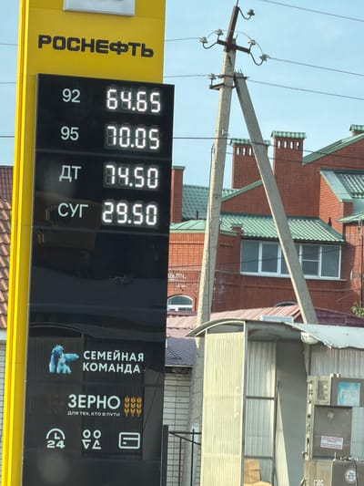 The image shows a close-up of a yellow and black electronic price board at a Rosneft gas station in Ust-Dzheguta, Russia. The board displays fuel prices: 92 octane gasoline at 64.65 rubles, 95 octane gasoline at 70.05 rubles, diesel fuel (DT) at 74.50 rubles, and a fuel identified by the Cyrillic abbreviation "CYГ" at 29.50 rubles. Below the fuel prices, there are several logos and text. One logo depicts polar bears with the text "СЕМЕЙНАЯ КОМАНДА" (Family Team). Another section has the word "ЗЕРНО" (Grain) with the tagline "ДЛЯ ТЕХ, КТО В ПУТИ" (For those who are on the road), accompanied by an illustration of wheat stalks. Further down are icons representing 24-hour service, a payment method (possibly indicating card acceptance), and a credit card. In the background, a utility pole with insulators and wires stands against a bright sky. Behind the pole, there are red brick buildings with green tiled roofs, characteristic of residential structures in the region. Part of a corrugated metal structure is also visible in the foreground. The overall scene captures a typical view of a gas station and its surroundings in a Russian town.