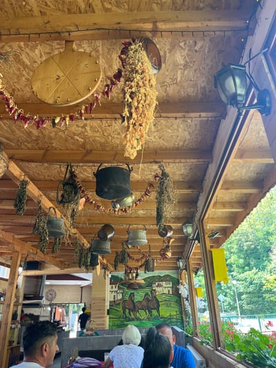 The image depicts an outdoor dining area, possibly a restaurant or tavern, with a rustic ambiance. The ceiling is made of wooden planks and beams, adorned with various decorative elements. Hanging from the ceiling are strings of dried red peppers, bundles of dried herbs, and several vintage-looking pots and cauldrons. A large wooden pizza peel hangs prominently on the ceiling. String lights are draped along the beams, adding a festive touch.
On the right side of the frame, an old-fashioned lantern is mounted on a wooden post. Through the open structure of the dining area, a lush green forest can be seen in the background. A large mural depicting two horses in a landscape adorns a wall.
In the foreground, several individuals are seated at tables, suggesting a dining experience. A man with dark hair in the lower left is looking away from the camera. In the center, a child with blonde hair is sitting between two adults. Another person, also with blonde hair, is visible from behind. The overall impression is one of a charming, traditional establishment likely located in a natural setting. The presence of the mural and the rustic decor suggest a cultural or traditional theme. The location is identified as Narechenski Bani, Bulgaria.