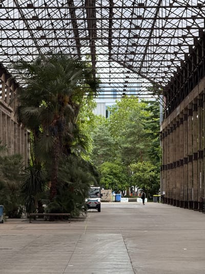 The image depicts a large, open-air industrial structure with a complex metal and glass roof, suggesting it might be a repurposed factory or exhibition hall. The interior is filled with lush vegetation, including tall palm trees and various other plants, creating a semi-tropical atmosphere. Sunlight filters through the translucent roof, casting dappled shadows on the concrete floor. In the background, a modern building with large windows is visible, contrasting with the older industrial architecture. A small white vehicle with blue and red markings is parked near the vegetation. Further in the background, a person walks away from the camera down a wide concrete pathway. The scene appears to be a public space, likely within the city of Nantes, France, given the presence of the vehicle's license plate which shows French registration codes and the overall architectural style often found in industrial heritage sites within the city, such as the Machines de l'île.