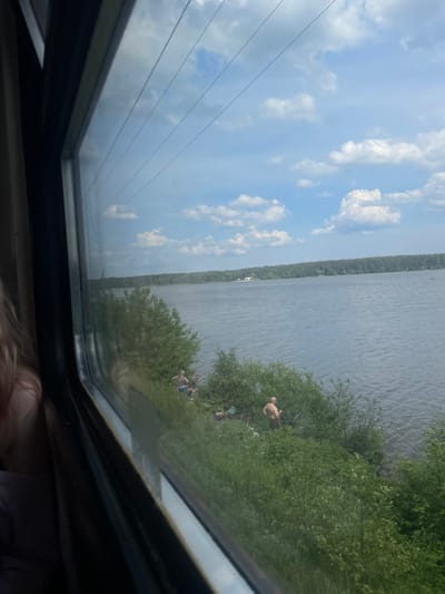 The image, taken from a train window, depicts an outdoor scene in what appears to be a rural or semi-rural environment, consistent with areas near a large body of water in Russia, such as Osel'ki, though no specific geographic markers are visible for definitive confirmation of that precise location.
The primary subject is a wide, calm body of water, possibly a lake or river, stretching across the middle ground to a distant forested shoreline. The sky above is light blue with scattered white cumulus clouds.
In the foreground, an embankment covered in dense green bushes and tall grass slopes down towards the water from the train's perspective. On this embankment, several individuals are present. One bald, shirtless male, facing away from the viewer, stands prominently on the grassy slope towards the right, wearing dark shorts or swim trunks and holding a dark, slender object in his right hand. Slightly to his left and higher up, another male is partially visible, wearing a light-colored top and dark trousers. A third, less distinct individual is partly obscured by foliage further to the left, appearing to be closer to the ground. A bag or similar item is visible on the ground near the shirtless male.
The scene suggests recreational activity by the water. Reflections are visible on the train window, including faint horizontal lines in the upper portion of the sky and a blurred reflection of a person's hair on the far left edge of the window frame. The overall impression is a sunny day by a natural waterway.