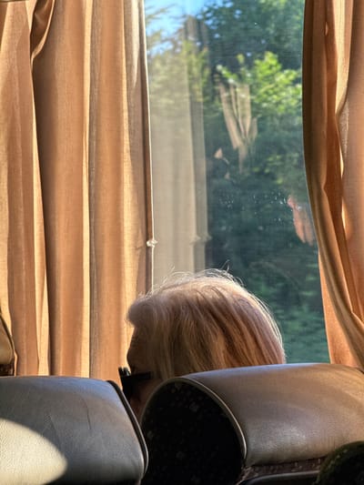 The image shows an elderly person, viewed from behind and slightly to the side, sitting on a bus. The person has light-colored hair and is wearing glasses. They are looking out a window, with brown curtains to their left and right. Outside the window, green trees and a blue sky are visible, with a faint reflection on the glass. In the foreground, parts of bus seats are visible. The scene appears to be during daylight. The location is the city of Kiosevtsi, Bulgaria.