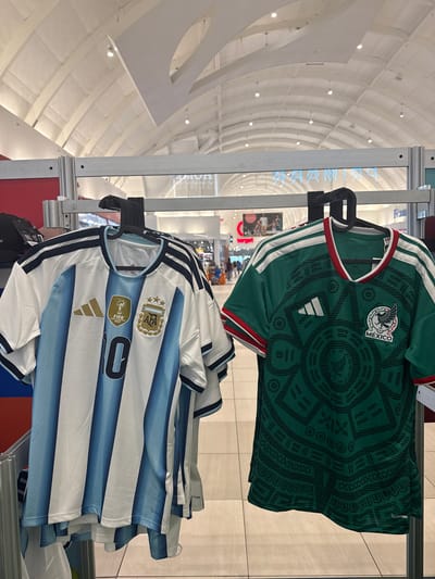 The image displays two national soccer team jerseys, an Argentinian and a Mexican one, hanging on a metal retail display rack within a brightly lit indoor shopping environment. The Argentinian jersey on the left is predominantly white with vertical sky-blue stripes, featuring the Adidas logo, a gold FIFA World Cup 2022 winner's badge, the Argentinian Football Association (AFA) crest with three gold stars, and the number '10' on the front. Black Adidas stripes adorn the shoulders. The Mexican jersey on the right is dark green with an intricate darker green pattern across its body, displaying the white Adidas logo, white Adidas stripes on the shoulders, and the FMF crest with "MÉXICO" below. Both jerseys are suspended on black plastic hangers.

The background reveals a large retail space with a high, vaulted white ceiling illuminated by numerous recessed spotlights. Reflections in a visible glass or shiny surface show reversed text, identifying prominent retailers such as "PRIMARK", "TARGET", and "JCREW," suggesting a major shopping mall. Faint, blurred figures of people can be seen in the distance, indicating other shoppers. The floor consists of light-colored tiles with visible grout lines. Based on the identifiable retailers and the architectural style, the location is characteristic of a large shopping complex like Sawgrass Mills, situated in Sunrise, Florida, United States of America.