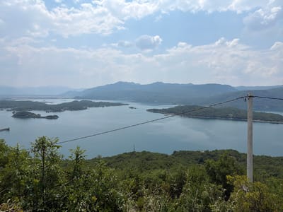 The image depicts a wide-angle view of a tranquil lake surrounded by lush green hills under a partly cloudy sky. In the foreground, dense foliage and branches partially obscure the view, with a concrete utility pole and a black wire extending across the frame. The lake itself is calm and reflects the muted tones of the sky and surrounding landscape. Several small, tree-covered islands dot the surface of the water. In the distance, rolling mountains create a layered backdrop, fading into a hazy horizon. The overall impression is one of natural beauty and serenity. This scene is located in the vicinity of Ponikvica, Montenegro, a region known for its scenic lakes and mountainous terrain.