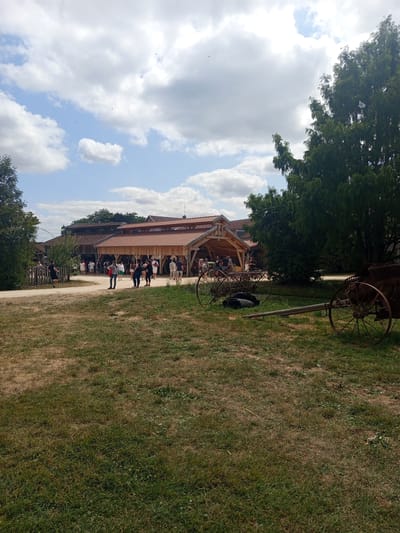 The image depicts a sunny outdoor scene at the museum of the Great War in Azannes-et-Soumazannes, France. A group of people are gathered in front of a large wooden building with a covered outdoor area. The building appears to be part of a historical exhibition or attraction. In the foreground, two pieces of antique farming equipment are present on a grassy area. The equipment includes a hay rake and a horse-drawn cart with large spoked wheels. The environment is characterized by green grass, mature trees, and a cloudy blue sky.