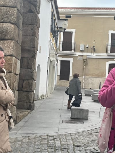 An outdoor scene in Mérida, Spain, captured from a slightly elevated perspective looking down a street or plaza. The overall mood is overcast.
In the immediate foreground, to the left, are large, roughly hewn stone blocks, characteristic of ancient Roman construction, forming a barrier or base. Partially visible on the bottom left edge is the head and shoulders of a person, likely looking away from the camera, wearing a light-colored coat and holding a white object in their hand.
Further into the scene, a paved pathway extends from the foreground into the background. The path comprises large, light grey rectangular paving stones on the left and a section of cobblestones on the right. Several grey stone blocks, possibly benches or bollards, are spaced along the pathway. A person is seen walking away from the camera in the mid-ground, dressed in a grey cardigan, dark trousers, and brown boots, carrying a black bag.
On the right side of the image, the arm and torso of another person are visible, wearing a pink garment and holding a light-colored canvas bag adorned with red hearts.
The background features a multi-story building with a light beige or tan facade. It has several windows with dark brown louvered shutters and white trim. Utility boxes, conduits, and various wall-mounted lamps and fixtures are visible on the building's exterior. One white sign on the building wall clearly shows the text "PLAZA DE RAMON Y CAJAL", indicating a street or plaza name. The sky above is uniformly grey and overcast. The scene depicts a casual daytime streetscape, likely in a historic district.