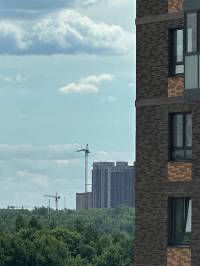 The image shows a cityscape with a residential building in the foreground, a forest, and several construction cranes and buildings in the background. The residential building is made of dark brick with lighter brick accents around the windows. Several windows are visible, some with curtains. The sky is partly cloudy, with soft white clouds against a light blue background. The forest appears dense and green. In the mid-ground, a tall construction crane is prominent, with other smaller cranes and unfinished buildings visible further in the distance. The overall scene suggests an urban area undergoing development. The location is identified as Znamya Oktyabrya, Russia.