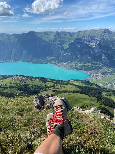 An eye-level, medium shot captures a pair of tan hiking boots with bright red laces resting on a grassy mountain slope overlooking Lake Brienz in Axalp, Switzerland. The boots are worn by an unseen individual whose legs extend towards the viewer. The foreground is dominated by rough, green grass and scattered grey rocks. Beyond the immediate foreground, the vista unfolds to reveal rolling green hills dotted with trees and small buildings, leading down to the vibrant turquoise waters of Lake Brienz. The lake is bordered by a town on its northern shore, and more distant, majestic mountains, partially shrouded in blue haze, form the backdrop. The sky above is a clear blue, punctuated by scattered white clouds.
