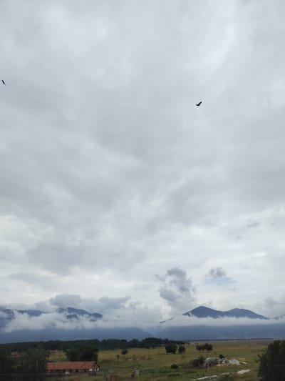 This is a landscape photograph taken in Gorno Sahrane, Bulgaria, under a cloudy sky. The scene features a wide expanse of sky dominating the upper portion of the image, filled with overcast, diffused light. Two birds are silhouetted against the clouds, one in the upper left and another in the upper right, both appearing to be in flight.
Below the sky, a mountain range is visible, partially obscured by thick clouds that cling to the peaks, creating a dramatic and somewhat mysterious atmosphere. The mountains appear to be covered in a dark, possibly green, vegetation.
In the foreground and middle ground, the landscape transitions to rolling hills and fields. A rural settlement is present, with several buildings, including one with a prominent red-tiled roof, nestled amongst trees. The terrain is a mix of grassy fields, some with dry patches, and patches of darker vegetation, suggesting a rural or agricultural setting. The overall impression is of a natural landscape with human habitation present, under a moody, overcast sky. The time of day appears to be daytime, but the cloud cover significantly limits direct sunlight. There are no visible signs of people or specific activities taking place, but the presence of the buildings and fields implies ongoing rural life.