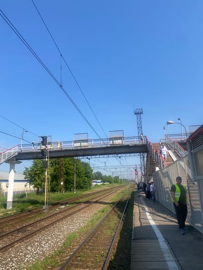 The image depicts a railway station platform with multiple tracks running parallel. An elevated pedestrian overpass spans the tracks, with stairs leading up to it from the platform. Several individuals are visible on the platform and the overpass, some appearing to be waiting for a train or crossing the tracks. A man wearing a high-visibility vest stands on the platform. Overhead power lines are strung across the scene, typical of an electrified railway. Lush green trees and some industrial buildings are visible in the background, under a clear blue sky. The location is identified as the Mikhnevo railway station in Mikhnevo, Russia.