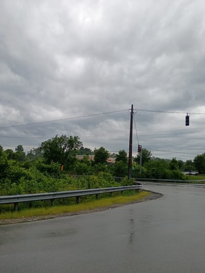 This media file shows an outdoor scene on a cloudy day, likely in Frankfort, United States. The foreground features a wet asphalt road curving to the right, bordered by a metal guardrail and a strip of green grass and gravel. Beyond the guardrail, lush green trees and bushes create a dense natural barrier.

Several power lines stretch across the frame, supported by wooden utility poles. One pole, in the mid-ground, has some Christmas lights or decorative string lights draped around it. Visible on the power lines are traffic lights. One traffic light, further in the distance, appears to be a standard three-light configuration. Another traffic light, closer to the viewer and on a separate pole, shows its red and yellow lights illuminated.

In the background, more trees are visible, with glimpses of buildings peeking through the foliage, suggesting a semi-rural or suburban setting. An orange rectangular sign is visible on one of the trees. The sky is heavily overcast with grey clouds, indicating a possibly rainy or damp day. No people are visible in the scene. The overall mood is somewhat somber due to the weather, but the vibrant greenery offers a touch of life.