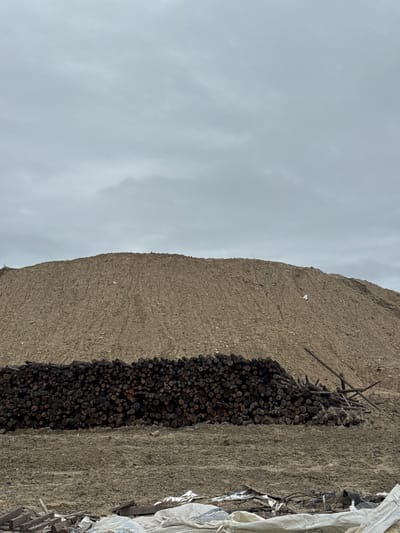 The image depicts an outdoor scene in Chulman, Russia, characterized by a large mound of dirt or sand dominating the background. In front of this mound, a substantial pile of cut logs is arranged horizontally. The ground in the foreground is uneven and covered with dirt. Scattered debris, including plastic sheeting and what appears to be wood fragments, is visible on the ground. The sky is overcast, with a heavy layer of grey clouds. There are no people visible in the image.