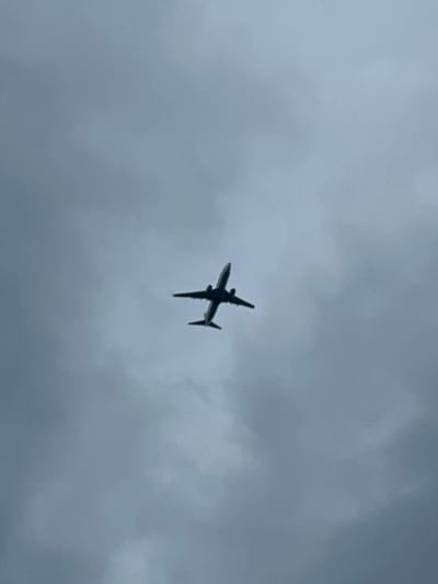 An airplane is silhouetted against a cloudy sky, viewed from below. The airplane is in the center of the frame and appears to be a commercial jet. The clouds are a light gray color, obscuring any details of the ground or city. The image does not contain any information to determine the location as Lukovnya, Russia.