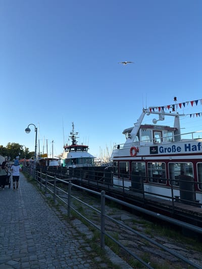 A seagull flies across a bright blue sky above a harbor in Rostock, Germany. The sky is clear and cloudless. In the foreground, a paved walkway runs along the water's edge, lined with a metal railing. Several boats are docked alongside the walkway, including a large white and red passenger ferry named "Große Hafen" and a smaller white boat with a crane. The passenger ferry has "04033300" visible on its upper deck. A few people are walking on the paved path. One person is pushing a stroller, and a child is sitting on another person's shoulders. The overall scene depicts a sunny day at a bustling harbor.