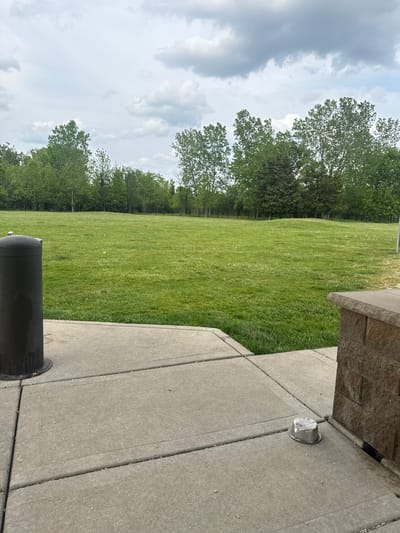 The image shows a grassy field next to a paved area, likely a sidewalk or patio. The field is green and well-maintained, with a line of trees along the edge. The paved area is made of concrete slabs with a small metal fixture set into the concrete. A cylindrical object, possibly a trash can or other type of receptacle, is partially visible in the foreground. The sky is cloudy and overcast.
The scene appears to be in Glenview, United States of America, based on the geographical information provided.