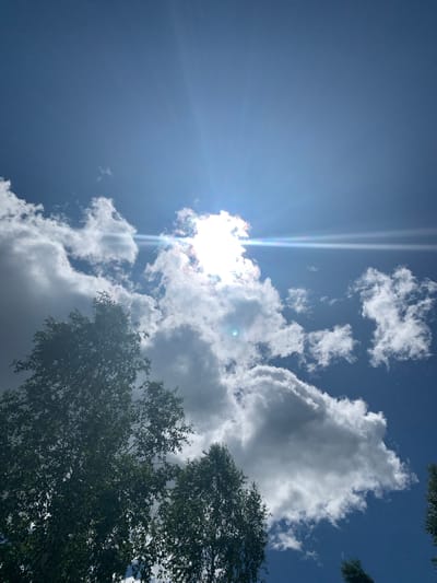 The image captures a sun-drenched sky filled with dynamic clouds and the sun's rays piercing through. In the foreground, the tops of leafy green trees are visible, their branches reaching upwards towards the bright expanse. The sun, partially obscured by a large, bright cloud, emits a strong glare, creating visible light rays that streak across the blue sky. Other clouds, ranging from wispy to dense and shadowed, are scattered throughout, adding texture and depth to the scene. The overall impression is one of a bright, possibly warm, day with a mix of sun and clouds. The presence of trees suggests an outdoor, natural setting. The angle of the shot is looking upwards, emphasizing the sky and the sun. No people, objects, text, or specific events are depicted. The time of day appears to be daytime, given the bright sunlight. The weather is mixed, with both sunshine and cloud cover. The location context provided is Vodoratsk, Russia.