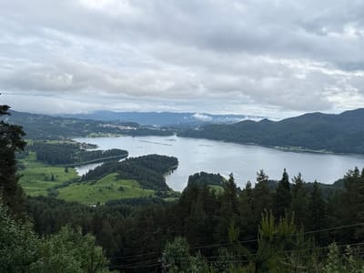 The image depicts a panoramic view of the Dospat Dam in Dospat, Bulgaria, under a cloudy sky. The dam, a large body of water, dominates the midground and stretches into the distance, flanked by rolling hills and dense evergreen forests. The foreground features a dark, dense forest with some lighter green foliage in the lower right corner. In the background, layers of mountains recede into the hazy distance. On the far left bank of the dam, a small settlement with buildings is visible, nestled amongst the trees and on the hillsides. The overall impression is one of a serene, natural landscape with human habitation integrated into the environment. There are no people or animals visible in the frame.