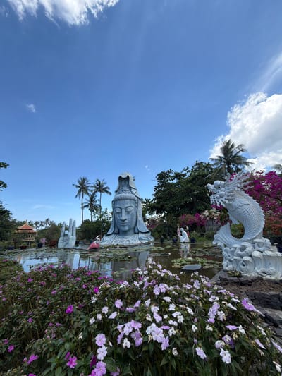 This image depicts a serene outdoor scene featuring a large stone statue of a deity, possibly Guan Yin, with intricate details on its face and headdress. To the left of the deity, a large white dragon sculpture is visible, its head and scales detailed. The statues are positioned in a pond filled with lily pads, reflecting the blue sky and fluffy white clouds.

The foreground is adorned with a lush display of flowering plants, predominantly in shades of purple and white, adding a vibrant contrast to the stone sculptures and water. The surrounding environment includes green trees and palm trees, suggesting a tropical or subtropical setting. In the background, a traditional building with a red-tiled roof can be seen amongst the trees.

There are two figures visible in the scene. One is a person in a pink outfit, partially obscured by the flowers, appearing to be tending to the plants or interacting with the environment. Another figure is in the distance, near the dragon sculpture, also appearing to be engaged in an activity. The clear blue sky and bright lighting suggest it is daytime, likely mid-morning or afternoon, with fair weather. The overall atmosphere is peaceful and contemplative, evoking a sense of tranquility and spiritual presence. The location is identified as Hòa Đa, Vietnam.