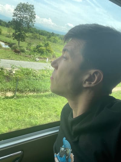 In Song Luy, Vietnam, a close-up profile shot captures a person looking out a window, with a rural landscape visible outside. The person, viewed from the right side of their face, has dark hair and is wearing a black hoodie with a graphic print. The window reveals a scene of rolling green hills, a single tree, a body of water, and a cow grazing in a field. A road runs through the middle ground. The sky is bright with scattered clouds. The interior of what appears to be a vehicle is visible at the bottom of the frame, including a portion of a door handle and the window frame.