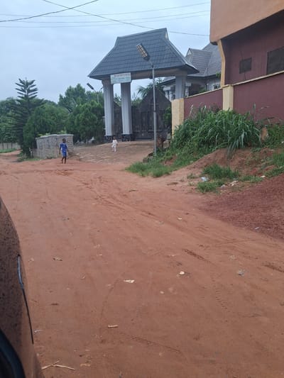 The image depicts an outdoor scene on a dirt road in Ozubulu, Nigeria. A young boy wearing a blue shirt and shorts is walking on the road towards the viewer. Further in the background, another young child in white clothing is visible near a large, gated entrance. The entrance is flanked by tall pillars and topped with a dark, angled roof. Beyond the entrance, structures with similar roofs and walls are visible. The road is covered in red dirt and shows tire tracks and scattered debris. Lush green vegetation, including tall grass and trees, surrounds the area. The sky is overcast, suggesting a cloudy day. A portion of a dark-colored vehicle is visible in the lower left corner of the frame.