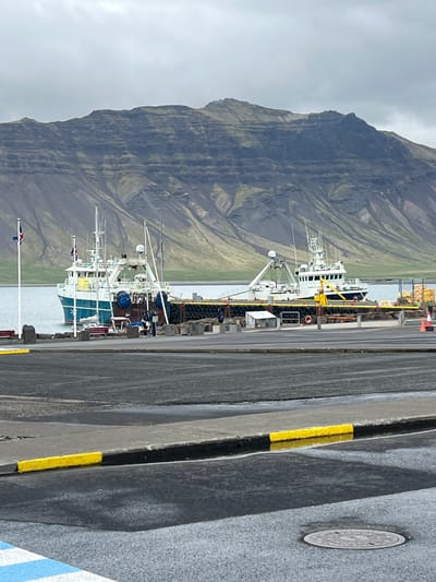 The image shows a view of the harbor in Grundarfjörður, Iceland. Two fishing boats are docked at the harbor, one is a larger boat, white and blue, the other is smaller and green and white. There are a few people standing on the dock near the boats. Behind the boats, there is a large mountain with a layered, dark gray and green facade. The image was taken from a street level perspective, facing the harbor, with a manhole cover in the foreground. The road surface is wet and dark, and the sidewalk has a yellow divider line.