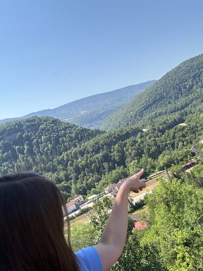 The image shows a person's arm and hair in the foreground, with a hand pointing towards a mountainous, forested landscape. The landscape is characterized by lush green trees covering steep slopes, with a clear blue sky dominating the upper left portion of the frame. In the middle ground, several buildings and structures are visible nestled within the trees, suggesting a small village or settlement. A road or path winds through the area. The sunlight indicates it is daytime, and the clear sky suggests fair weather. The perspective is from a high vantage point, looking down and across the valley. The overall scene evokes a sense of natural beauty and perhaps exploration or admiration of the scenery. The visible portion of the person's clothing is a blue shirt. No text is visible in the image.