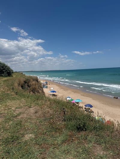 This image depicts a scenic view of a beach in Shabla, Bulgaria, on a sunny day with scattered clouds. The foreground features a grassy dune overlooking the sandy beach and the turquoise waters of the Black Sea. Several beach umbrellas are set up on the sand, providing shade for a few beachgoers. Some people are seen swimming or walking near the water's edge, while others are relaxing on the sand. The sea exhibits gentle waves, and the horizon stretches out to meet a clear blue sky. The vegetation on the dune is dry and sparse in some areas, indicating a warm, summer climate. The overall impression is one of a tranquil and inviting coastal environment.