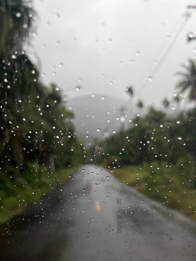 The image depicts a view through a rain-streaked windshield, looking out onto a wet, asphalt road. The road curves gently into the distance, flanked by lush, green vegetation and palm trees, suggesting a tropical environment. In the background, a hazy mountain is visible under an overcast sky. The foreground is dominated by numerous raindrops on the glass, creating a blurred, abstract effect over the scene. There are no people or discernible animals in the frame. The overall impression is one of a quiet, rainy day on a secluded road, possibly in a rural or semi-rural area. The text visible on the windshield, "CERAMIC SE35 010", appears to be a label or serial number, likely related to the vehicle. The location is specified as Tambon Thai Mueang, Thailand.