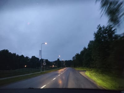 The image depicts a forward-facing view from a vehicle on a wet, paved road under a cloudy, twilight sky. Streetlights are visible along the roadside, illuminating the asphalt and adjacent grassy areas. The road curves slightly to the right, with a dense line of dark trees bordering the left side of the road, and a mix of trees and brush on the right. In the distance, more streetlights and some structures can be seen. The overall impression is of driving through a semi-rural or suburban area on a gloomy evening.