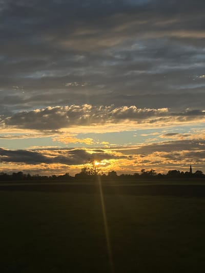 The image displays a rural landscape near Hœrdt, France, at sunset. The sky, occupying the upper two-thirds of the frame, is layered with clouds. The uppermost clouds are dark grey, while mid-level clouds exhibit streaks of grey, orange, and gold, illuminated by the setting sun. The sun is positioned on the horizon, slightly left of center, partially obscured by a silhouetted tree, and emits a strong golden light ray extending diagonally downwards across the lower half of the image. A line of dark trees forms the horizon. The foreground consists of dark green fields, devoid of specific features or individuals. On the far right, a distinct church spire is visible in silhouette against the illuminated sky, rising above the treeline. No people or overt actions are depicted.