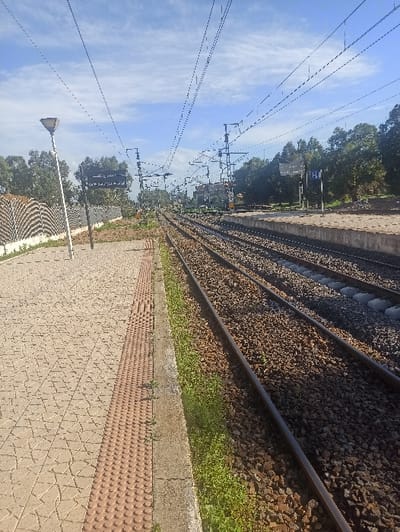 The image depicts an outdoor daytime scene at a train station in Mechra Bel Ksiri, Morocco, under a clear blue sky with scattered white clouds. The perspective is from a paved platform looking down the railway tracks.
In the immediate foreground on the left, a light-colored paved platform with a geometric tile pattern extends towards the background. A reddish-brown tactile paving strip with circular raised bumps runs parallel to the platform's edge. Adjacent to this, a narrow concrete curb separates the platform from a strip of green weeds growing beside the tracks.
To the right of the platform edge, two sets of parallel railway tracks, comprising four rails, are visible. The tracks are laid on dark brown ballast gravel and recede into the distance, converging towards the horizon. Overhead, a complex network of electrical lines (catenary system) is suspended by numerous metal poles and gantries, extending along the track corridor.
In the midground on the left, a slender, dark grey lamppost with an angular fixture stands on the platform. Behind the platform, a low white wall or fence with a patterned or wavy top edge runs parallel to the tracks, backed by dense green foliage. Further down the tracks on the left side, an illegible dark sign with white Arabic text is visible. On the right side of the tracks, another platform, similar in appearance to the foreground one, is visible. A white square sign with a blue 'H' is positioned on this far platform. Beyond these elements, dense green trees line both sides of the railway, and faint outlines of buildings can be discerned through the trees in the far distance.
No people, animals, or active trains are present in the scene. The overall environment appears to be a functional but currently unoccupied railway station.