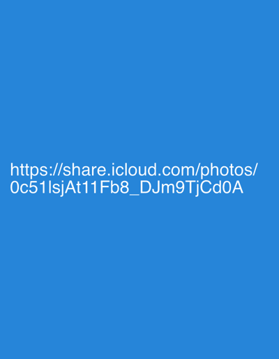 This media file contains a screenshot of a URL. The URL is: `https://share.icloud.com/photos/0c51lsjAt11Fb8_DJm9TjCd0A`. The background of the image is a solid, vibrant blue. There are no other subjects, objects, scenes, or activities depicted. The text is centered on the blue background and is white in color. The image does not provide any information about the time of day, weather, location context (other than the domain name in the URL), or emotions.