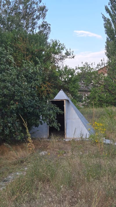 The image depicts an outdoor scene with a small, triangular metal structure in the foreground. The structure has an open entrance and appears to be made of corrugated metal panels. It is situated amidst overgrown vegetation, including tall grass, weeds, and bushes. In the background, there are trees and a building with windows. The sky above is a clear blue with a few scattered white clouds. The overall impression is one of an unkempt, possibly abandoned area, possibly in Pervomaisk, Moldova, given the context. There are no people or animals visible in the image. The lighting suggests it is daytime, likely late afternoon given the soft light.