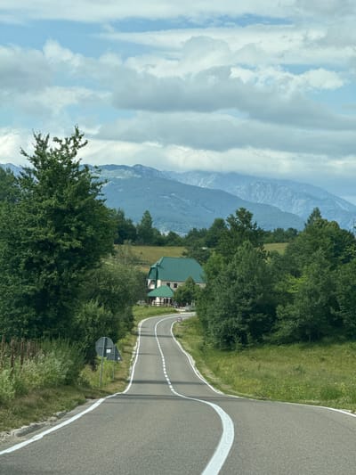 The image shows a paved road winding through a rural landscape in Mokro, Montenegro. The road has white dividing lines and is bordered by green grass and trees. In the distance, mountains are visible under a cloudy sky. A house with a green roof and a covered patio is situated amidst the trees to the right of the road. Road signs are visible along the side of the road. No people or animals are present in the image.