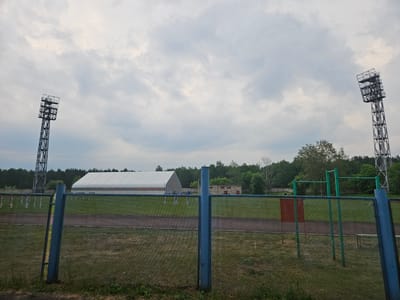 The image depicts an outdoor sports complex located in Sosnovoborsk, Russia, under a cloudy sky. The scene is viewed through a blue metal fence. In the foreground, the fence's vertical posts and mesh are visible, with dry grass and some green vegetation on the ground. Beyond the fence, a running track with a dark surface and a green field are observed.
Dominating the midground are two tall metal stadium lights, one on the left and another on the right, positioned at a distance from each other. A large, white tent-like structure, possibly an indoor arena or a temporary building, is situated behind the running track and between the stadium lights. To the right of the frame, a set of outdoor exercise equipment, including parallel bars and horizontal bars, is visible, painted in green. A small red rectangular panel is attached to one of the supports of the exercise equipment. In the background, a dense line of green trees forms the perimeter of the sports complex, with a few buildings partially obscured by the foliage. A lighter colored structure, possibly a concrete building, is seen among the trees on the right. The overall impression is of a functional but somewhat aged sports facility. No people are present in the image.