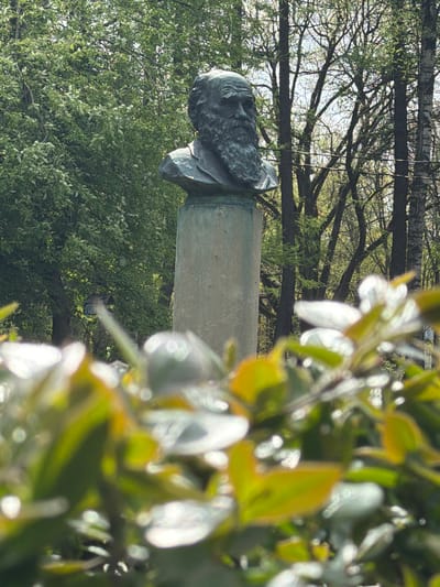A sideways, medium shot shows the bust of Ivan Petrovich Kulibin in Pavlovo, Russia. The bust is gray, and the pedestal is a smooth, gray cylinder. Trees and foliage surround the monument, with additional leaves and flowers obscuring the view in the foreground.