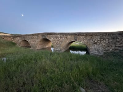 The image shows an old stone bridge with several arches spanning a shallow body of water. The bridge is constructed from rough-hewn stones, giving it a rustic and historic appearance. Lush green grass grows along the banks of the water and in front of the bridge. In the distance, a rolling hill covered in dry, yellowish vegetation is visible. The sky is a clear, pale blue, indicating either early morning or late evening. A sliver of the moon is visible in the upper left quadrant of the sky. The lighting suggests the sun is low on the horizon, casting a soft glow on the scene. There is no text visible in the image. The overall atmosphere is peaceful and serene, evoking a sense of timelessness and natural beauty. The location is identified as Filipeni, Moldova. The scene appears to be a quiet, rural landscape at dusk or dawn.