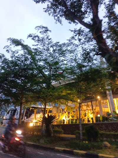 The scene depicts an outdoor urban environment in Phước Hòa, Vietnam, at dusk or early evening. A dark asphalt road occupies the foreground, bordered by a yellow and black striped curb. A blurred, dark-colored motorcycle, with its white headlight illuminated, travels from left to right across the road. A row of trees with dense green foliage stands between the road and a multi-story commercial building. Some of these trees are adorned with warm-toned string lights. Behind the trees, an illuminated golden sign spells "Experience," preceded by two stars. The building behind the sign features large glass windows, revealing warmly lit interiors. Several large white passenger buses are parked near the building's entrance. The upper portion of the image shows a pale blue-grey sky with faint utility lines visible through the tree canopies.