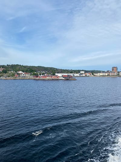 This is a wide-angle, high-angle, horizontal shot of a coastal town in Larvik, Norway. The town features a mix of residential buildings, some with red roofs and white walls, and taller, modern buildings. The town is nestled against a lush green hillside dotted with trees. A road runs along the coastline, with parked cars visible.
The scene transitions sharply from the town to a deep blue, choppy body of water. The water on the right side of the image is turbulent, with white foam and distinct wave patterns, suggesting movement or a wake. The sky above is a light blue with wispy clouds, indicating fair weather. The time of day appears to be daytime, likely late morning or early afternoon, given the brightness and the angle of the light.
There is no visible text in the image. The overall impression is of a scenic coastal landscape, likely captured from a moving vessel, given the perspective and the water's motion. The emotion conveyed is one of peaceful observation of a well-populated coastal area.