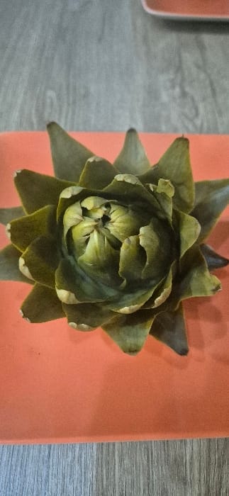 An artichoke, viewed from above, sits on an orange surface. Its tightly packed, green leaves form a pointed, layered structure. The base of the artichoke extends toward the bottom of the image. A gray, wooden surface is partially visible on the left and right edges of the frame.
