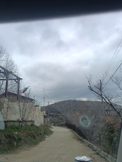 The image depicts a semi-rural street scene in Yavrovo, Bulgaria, viewed from inside a vehicle. A paved road, light grey in color, ascends uphill and curves slightly to the left. On the immediate left, a light-colored building with a visible portion of a brown tiled roof features a wooden pergola structure above it. A small Bulgarian flag (white, green, red horizontal stripes) is affixed to the building's exterior wall. Bare deciduous trees and shrubs are present on a grassy bank adjacent to the building and along the roadside. On the right side of the road, a low concrete curb borders a steep embankment covered with dense, bare vegetation. Utility poles and overhead wires traverse the scene, with a street light pole visible further up the road on the left. The background consists of a prominent hill densely covered with bare trees, indicating a colder season. The sky is uniformly overcast. The top edge of a vehicle's dashboard or windshield is visible at the top of the frame, and the top of a silver beverage can, blurred, is visible at the bottom center, suggesting it is in the immediate foreground. No individuals are present.