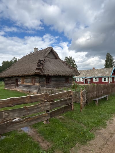This media file shows a traditional, rustic village scene in Sielachowskie, Poland. The primary subjects are two old wooden houses. The house in the foreground has a prominent thatched roof that appears somewhat worn and damaged in places. It features small wooden windows. To the left and background is a second, larger house painted red with white trim around its numerous windows, and a grey, tiled roof. Both structures exhibit traditional architectural styles.

The setting is outdoors, with lush green grass surrounding the houses and a dirt path winding through the scene. A rough-hewn wooden fence runs along the foreground, adding to the rustic feel. The sky is partly cloudy with dramatic clouds casting shadows, suggesting a dynamic weather pattern, possibly late afternoon. There is no visible text in the image. No people or specific activities are depicted, creating a still, historical ambiance. The overall impression is one of a preserved historical village, evoking a sense of time and place.