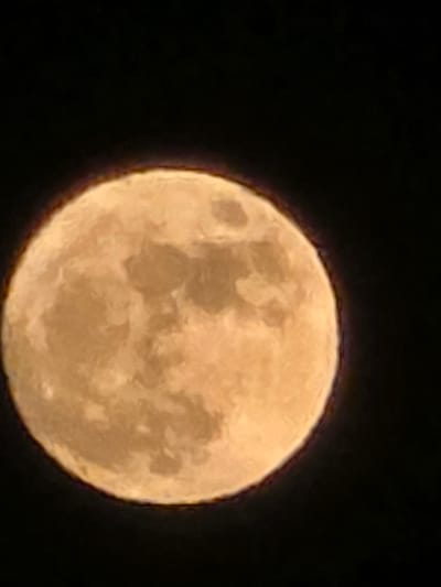 A close-up photograph shows a full moon against a black sky. The moon is a yellowish-orange color and its surface is textured. The image appears to be a digital photograph taken at night. The location in Stara Reka, Bulgaria, cannot be determined from the image alone.
