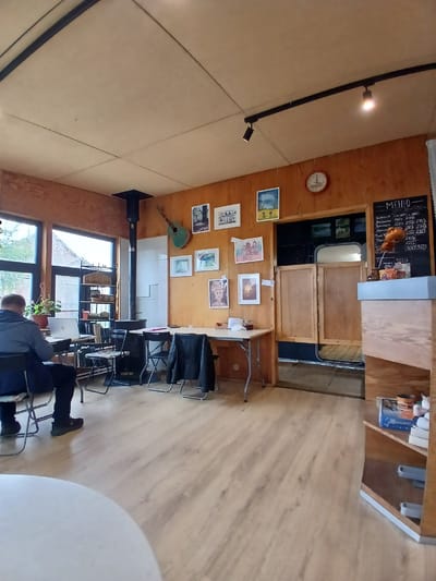 The image depicts the interior of a cafe in Novoye, Russia. A person is seated at a table on the left, working on a laptop. The cafe features wooden walls and ceiling, a wood-burning stove, and various artwork displayed on the walls. There are several tables and chairs, suggesting a seating area for customers. A menu is visible on the right side of the image, along with a display shelf containing items. The overall atmosphere appears casual and relaxed.