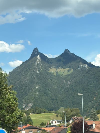The image depicts a mountainous landscape with a village nestled at its base. Two prominent, jagged peaks dominate the upper portion of the image, their rocky faces contrasting with the dense green vegetation covering their lower slopes and the surrounding hills. The sky is a clear blue, dotted with fluffy white clouds.
In the foreground, a cluster of buildings with reddish-brown tile roofs form a village. These structures appear to be residential houses and some smaller outbuildings, characteristic of a Swiss alpine setting. A white streetlamp with a tall, thin pole stands on the right side of the frame, illuminating a paved area in front of the houses. To the left, another streetlamp is partially visible. A large, leafy green tree is situated in the far left of the image, partially obscuring the view of the mountains. The presence of these man-made structures and infrastructure indicates human habitation in this scenic, natural environment. The image captures a peaceful, bucolic scene that could be the village of Pringy, Switzerland, given its typical alpine topography and architecture.