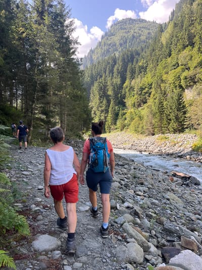The scene depicts a group of four individuals traversing a rugged outdoor environment, specifically a river valley in Reitlehen, Austria. In the foreground, two individuals are walking away from the camera on a gravel and rock path. The person on the left wears a white sleeveless top, red shorts, and dark hiking boots. The person on the right wears an orange short-sleeved top, dark blue shorts, a blue and grey hiking backpack, and dark hiking boots with light blue socks. Their hands are not interacting. To their right, a swift-flowing river with a rocky bed is visible. The river flows from the background towards the foreground, to the right of the path.

Further back on the path, two additional individuals are walking in the same direction. The one closer to the foreground wears a dark t-shirt and dark shorts, carrying a backpack. The second individual is partially obscured.

The environment features dense coniferous forests ascending steep mountain slopes on both sides of the valley. The right bank of the river consists of a large accumulation of rocks and boulders. The sky above is partially cloudy with visible blue sky, indicating daylight conditions.
