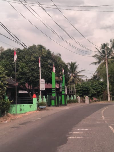 This image presents a roadside view on an overcast day, likely in a tropical region. The scene features a paved asphalt road, appearing somewhat worn, which curves gently to the right. Faded white road markings are visible on its surface.

To the left of the road, a low green wall or fence with some orange details runs alongside, leading to a distinctive gate. This gate is painted in contrasting green and black stripes and features two prominent vertical structures. Behind the gate, a lush landscape of dense green trees and foliage fills the midground and background, including several tall palm trees.

Three flagpoles stand near the gate, each displaying a red and white flag, consistent with the Indonesian national flag (Sang Saka Merah Putih). A white sign is attached to the central flagpole. The visible text on this sign reads "KORAMIL 03" at the top, and further down, though slightly blurry, "SEULIMEUM" and "ALUN-ALUN" can be discerned. This text, combined with the location context, suggests the area is associated with the Military District Command (Koramil) in Seulimeum, possibly near a public square or park (Alun-Alun). A building with a dark roof is partially visible behind the foliage and gate.

Overhead, a network of black power lines stretches across the cloudy, pale grey sky. On the right side of the road, a utility pole, laden with cables and some equipment, stands tall amidst more green foliage and palm trees. The diffused lighting indicates an overcast sky, with no direct sunlight. The scene is devoid of people or specific activities, portraying a quiet, everyday streetscape.